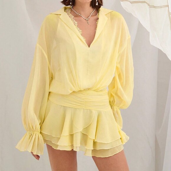 Yellow Romantic Women's Lace Ruffle Long Sleeve Mini Dress - Picture 6 of 7